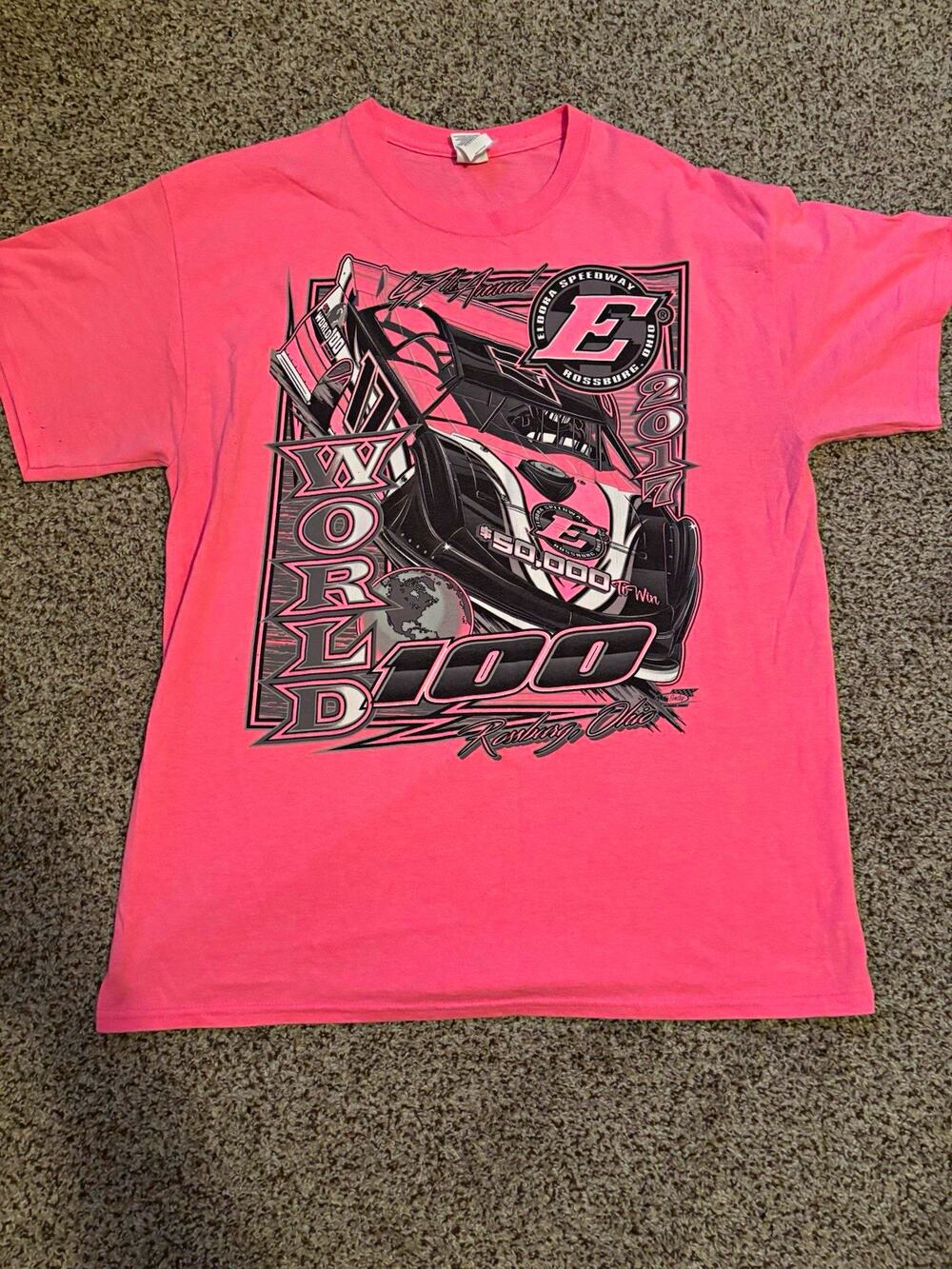 Gildan Pink Eldora Speedway World 100 2017 Scott Bloomquist Dirt Track Shirt L